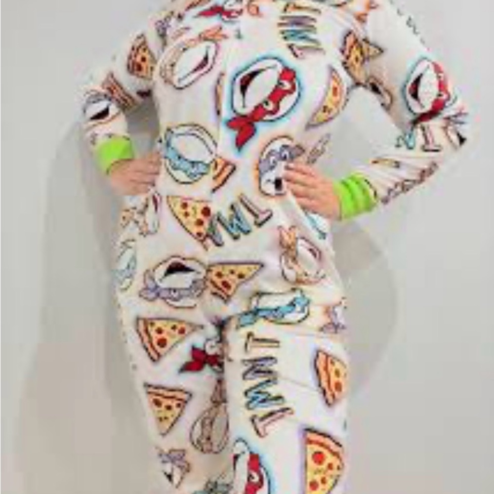 Nickelodeon White Pizza & Character Print Women’s Footie Pajamas with Lime Cuffs